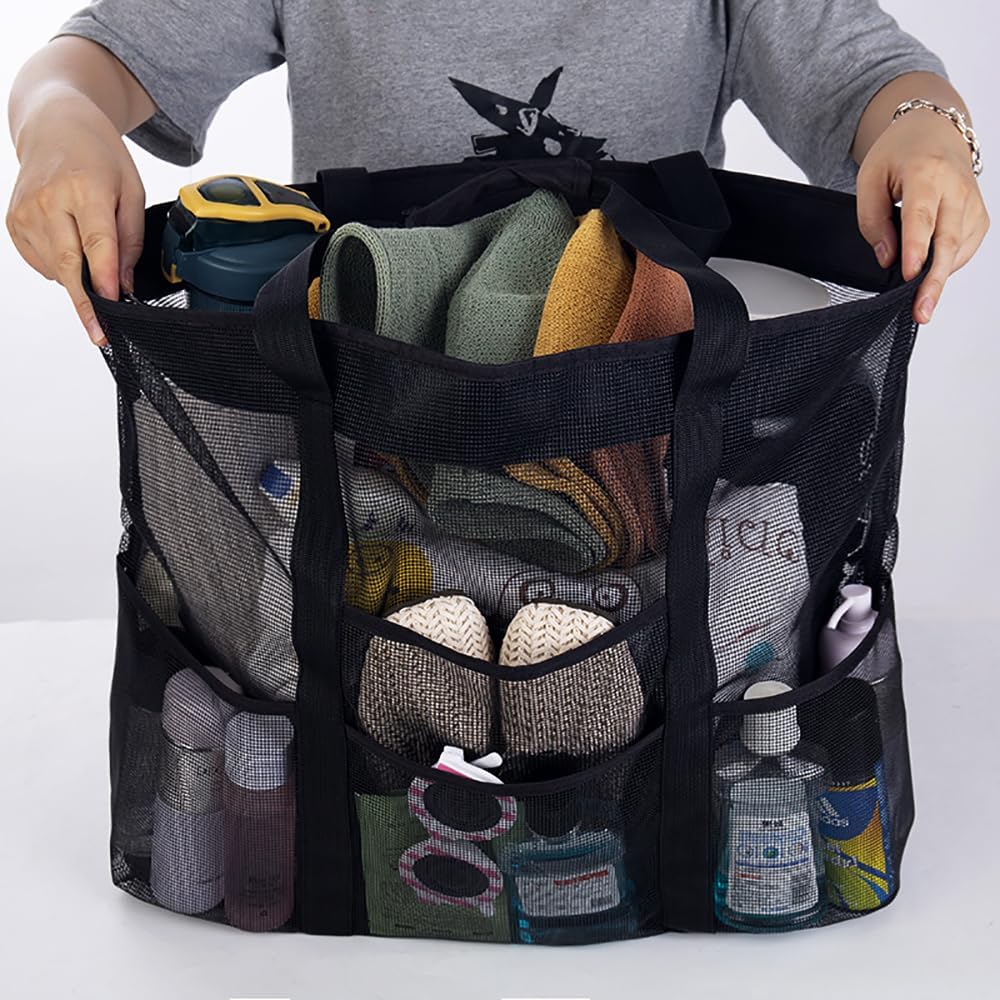 Foldable Mesh Beach Tote Bag with 9 Pockets for Family Days