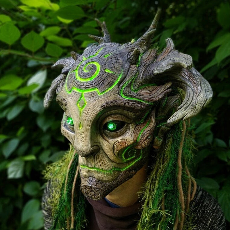 Forest Spirit Halloween Mask with Glowing Green Eyes