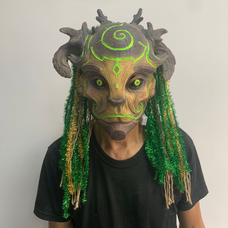 Forest Spirit Halloween Mask with Glowing Green Eyes