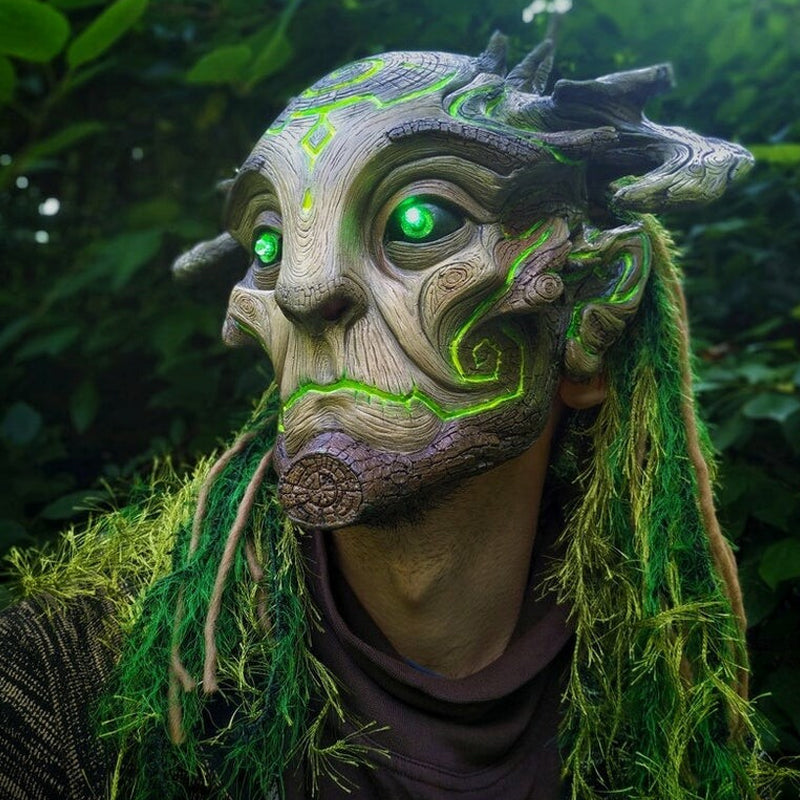Forest Spirit Halloween Mask with Glowing Green Eyes