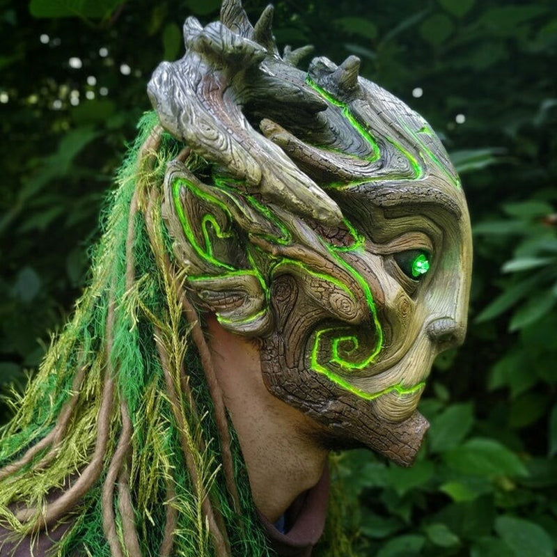Forest Spirit Halloween Mask with Glowing Green Eyes