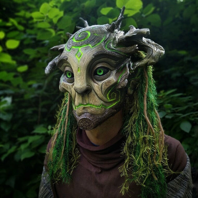 Forest Spirit Halloween Mask with Glowing Green Eyes