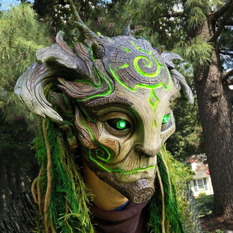 Forest Spirit Halloween Mask with Glowing Green Eyes
