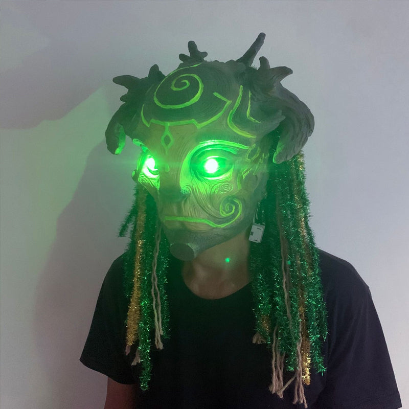 Forest Spirit Halloween Mask with Glowing Green Eyes