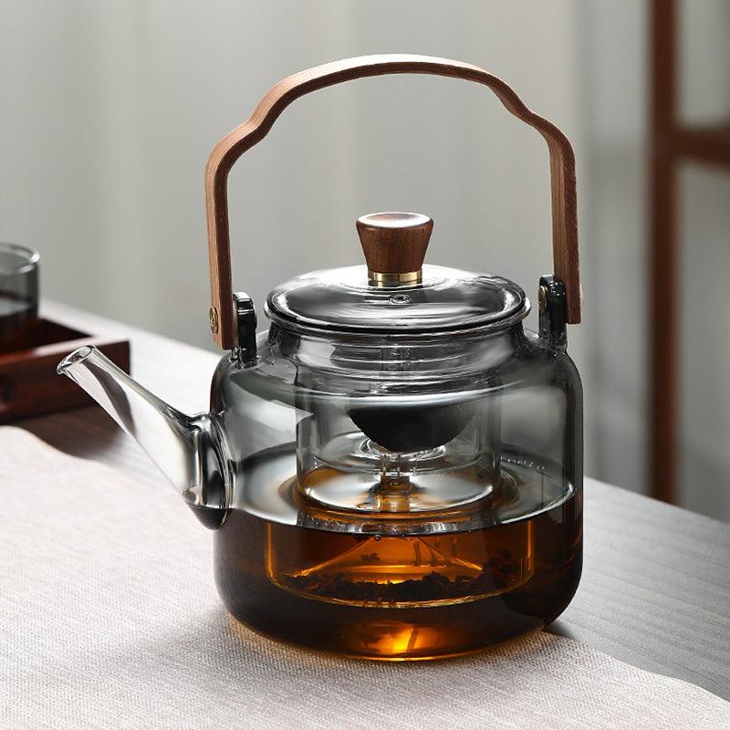 Glass Teapot with Wooden Handle – Elegant Design for Tea Drinking