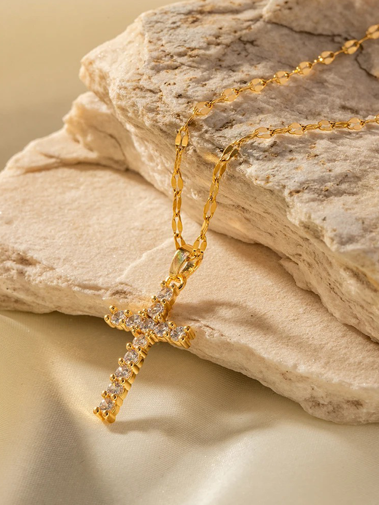 Gold Cross Necklace with Cubic Zirconia Stones