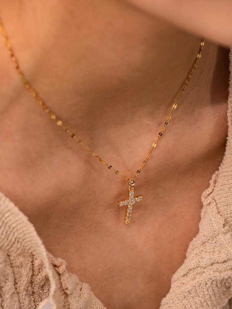 Gold Cross Necklace with Cubic Zirconia Stones