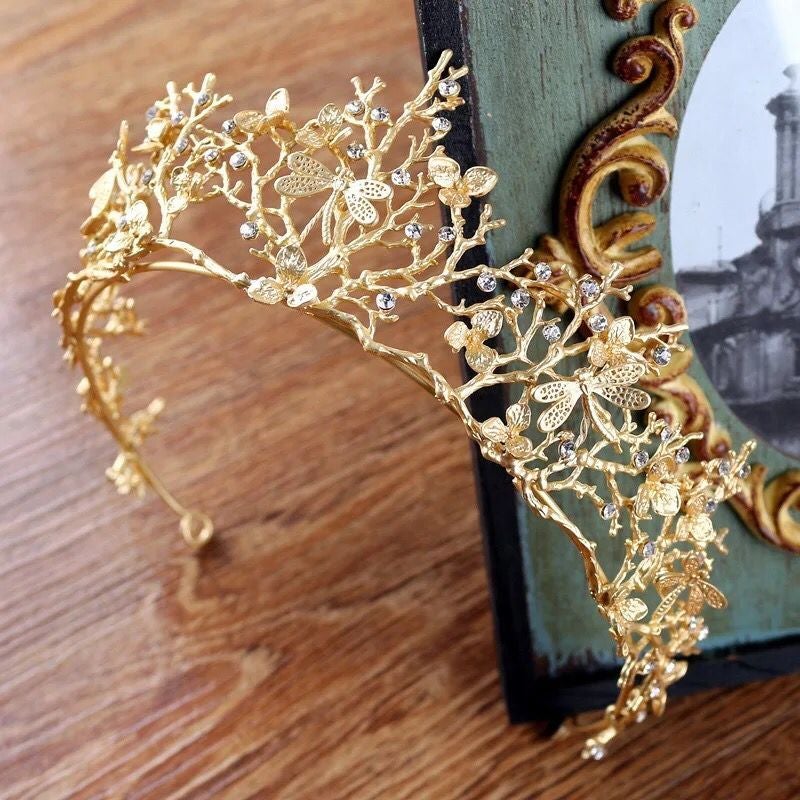 Gold Woodland Gatherer Crown with Dragonflies