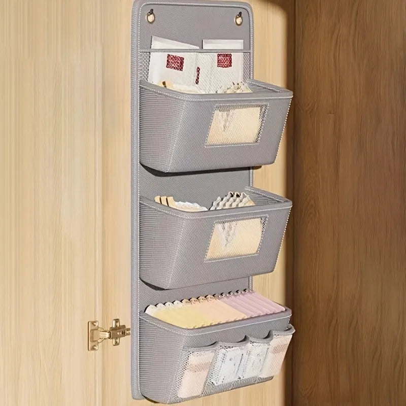 Grey Fabric Wall Hanging Storage Organizer with Windows, Hooks, and Multiple Compartments
