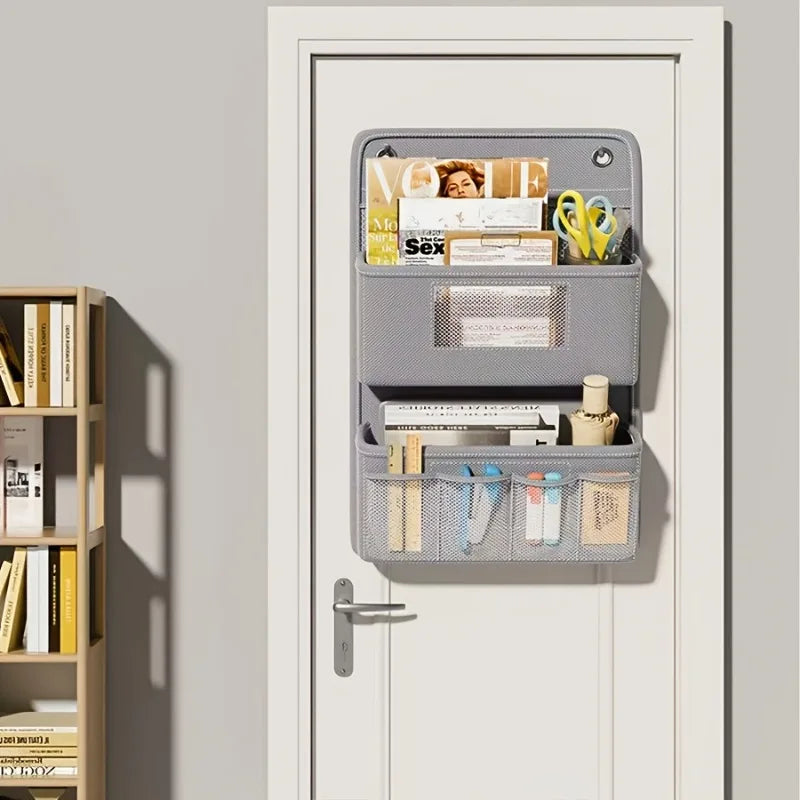 Grey Fabric Wall Hanging Storage Organizer with Windows, Hooks, and Multiple Compartments
