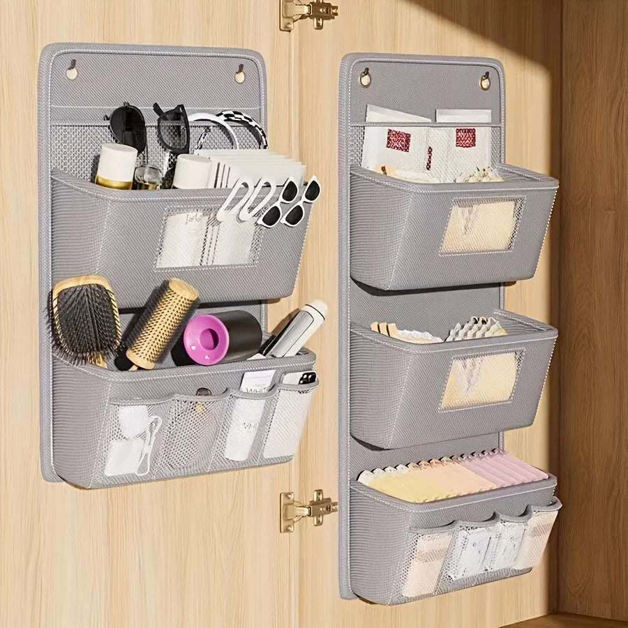 Grey Fabric Wall Hanging Storage Organizer with Windows, Hooks, and Multiple Compartments