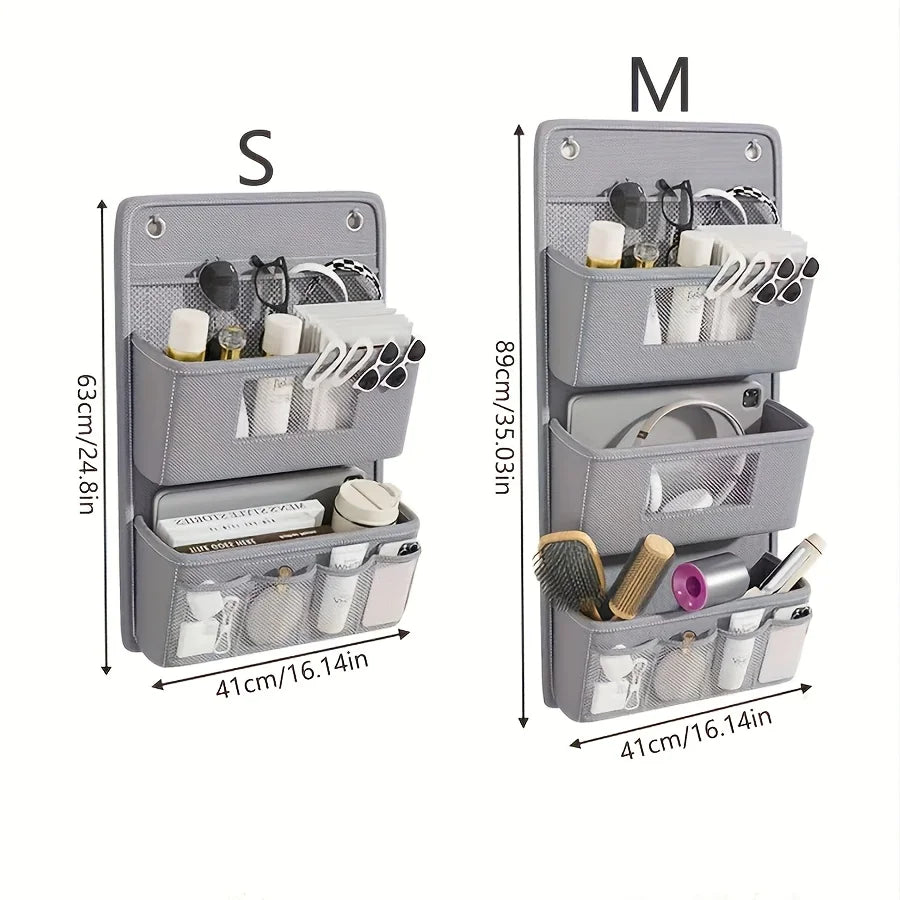 Grey Fabric Wall Hanging Storage Organizer with Windows, Hooks, and Multiple Compartments