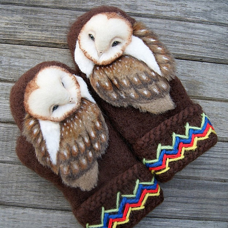 Hand-Knitted Wool Nordic Mittens with Owls