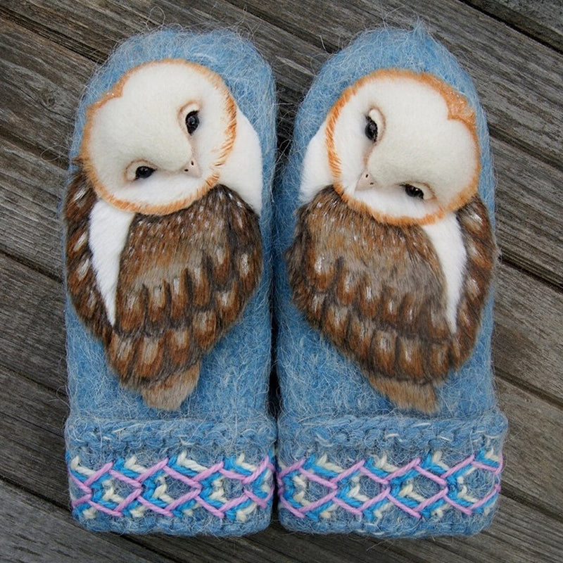 Hand-Knitted Wool Nordic Mittens with Owls