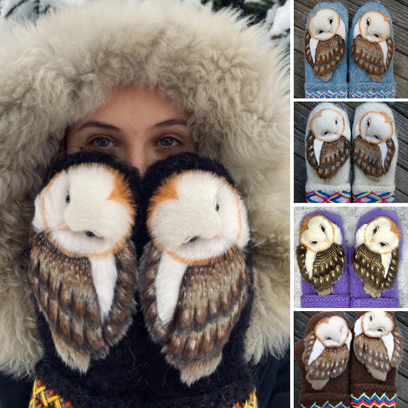 Hand-Knitted Wool Nordic Mittens with Owls