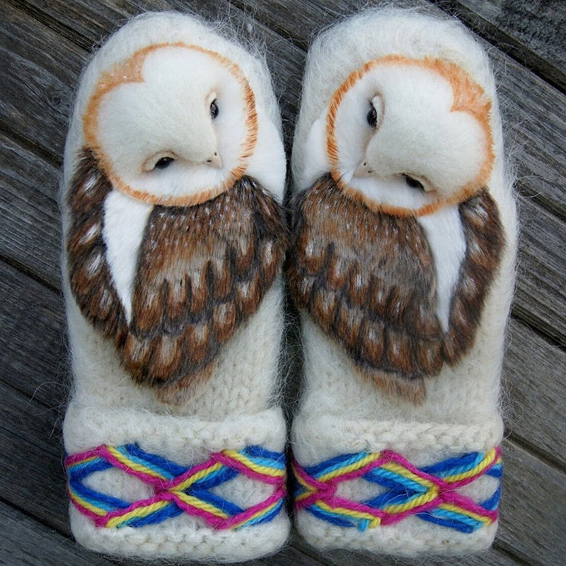 Hand-Knitted Wool Nordic Mittens with Owls