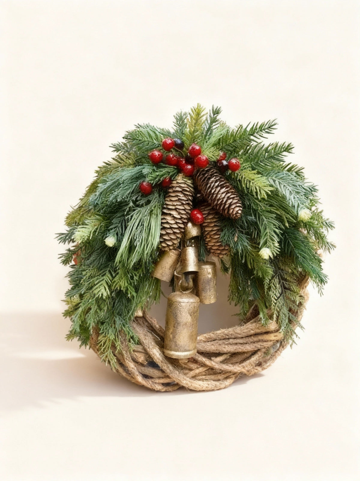 Handmade Boho Winter Wreath with Bells, Pinecones and Berries | Indoor/Outdoor