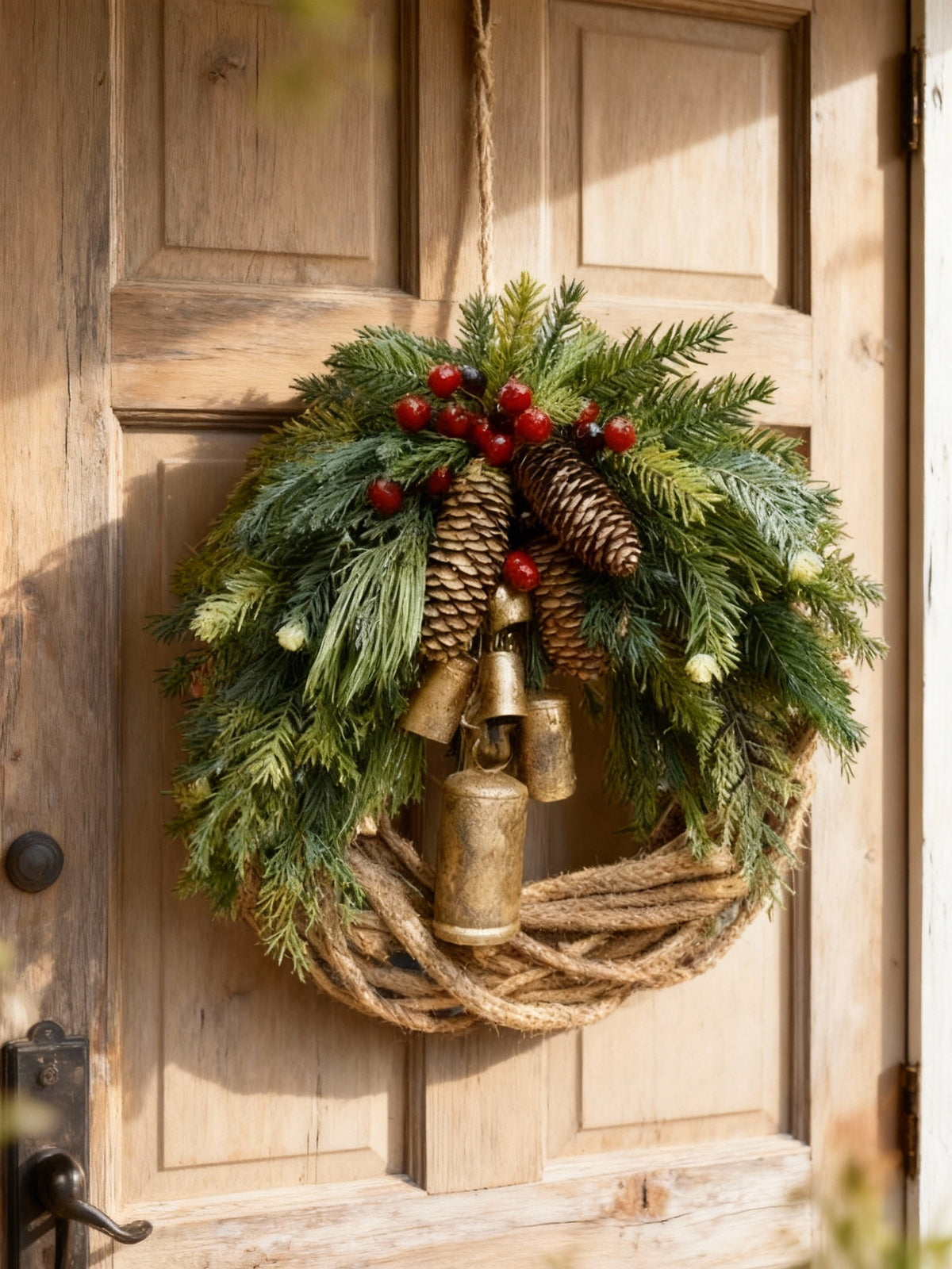 Handmade Boho Winter Wreath with Bells, Pinecones and Berries | Indoor/Outdoor