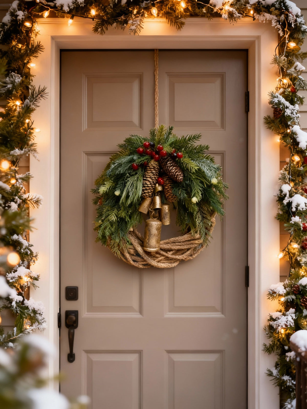 Handmade Boho Winter Wreath with Bells, Pinecones and Berries | Indoor/Outdoor