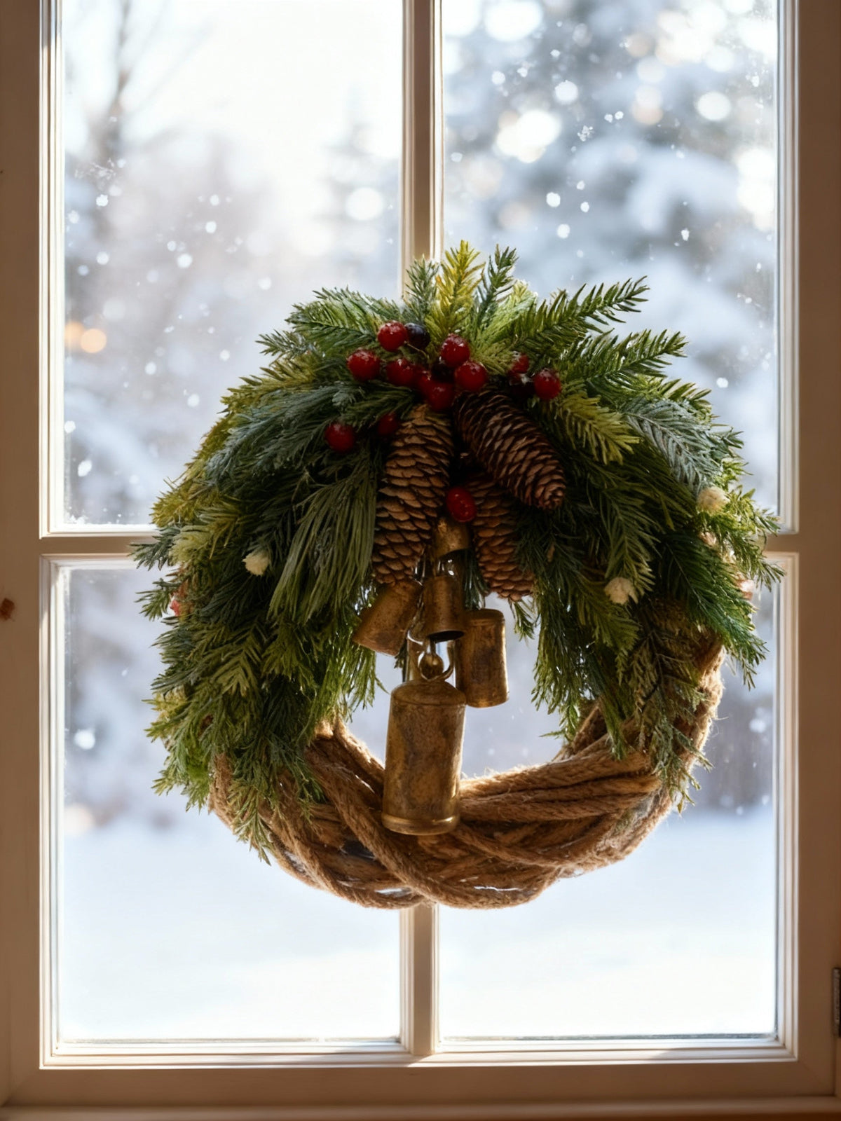 Handmade Boho Winter Wreath with Bells, Pinecones and Berries | Indoor/Outdoor