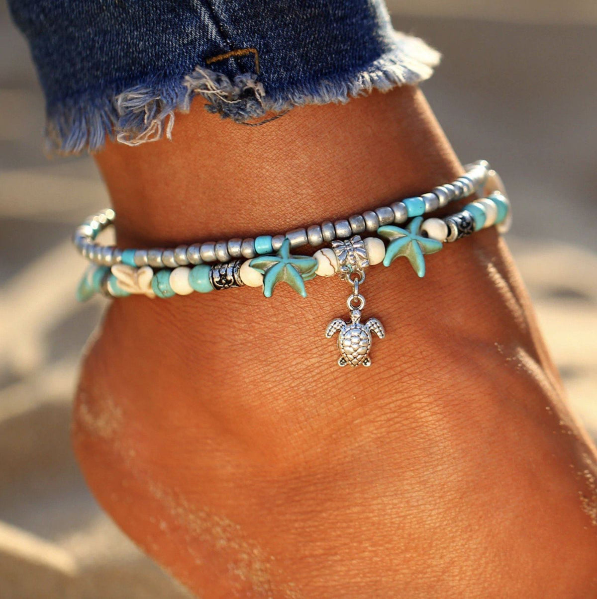 Handmade Turtle & Ocean Anklet