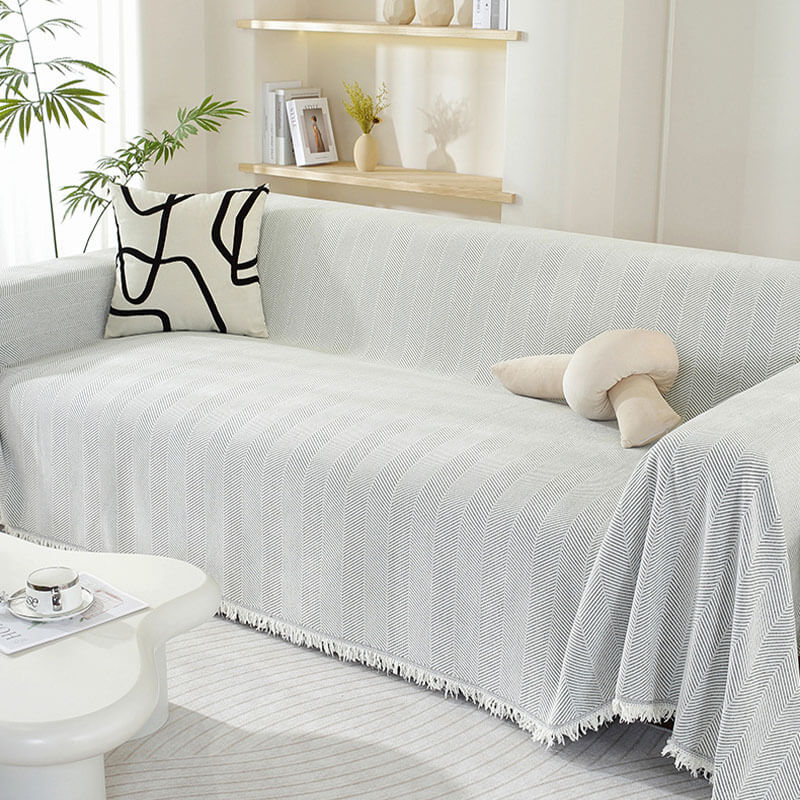 Herringbone Chenille Sofa Cover Blanket with Fringe