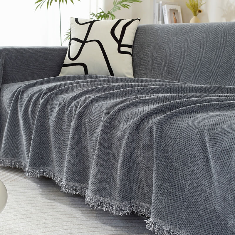 Herringbone Chenille Sofa Cover Blanket with Fringe