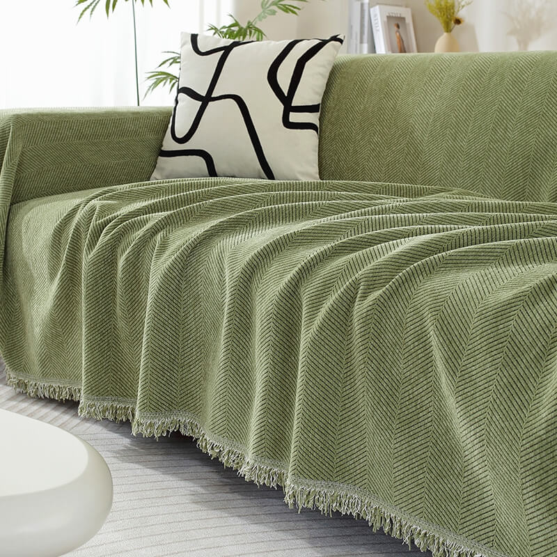 Herringbone Chenille Sofa Cover Blanket with Fringe
