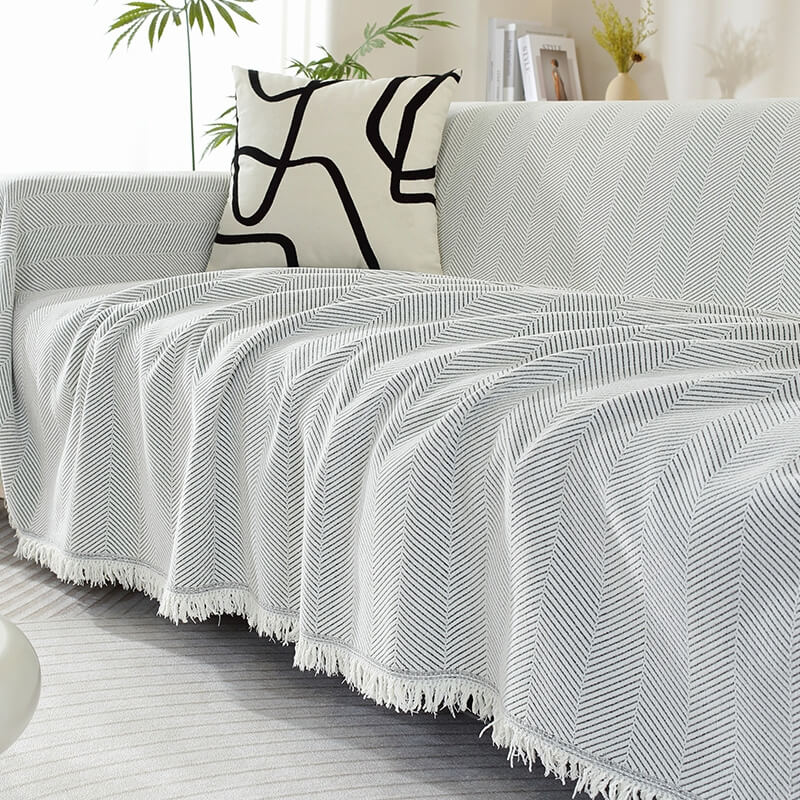 Herringbone Chenille Sofa Cover Blanket with Fringe