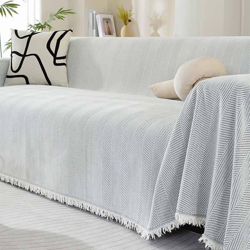Herringbone Chenille Sofa Cover Blanket with Fringe