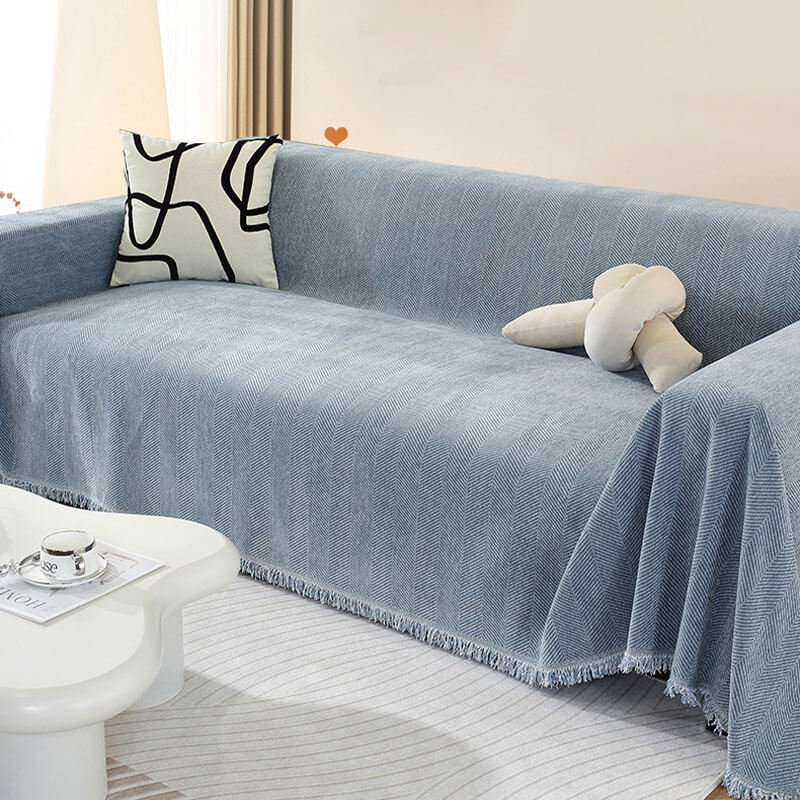 Herringbone Chenille Sofa Cover Blanket with Fringe