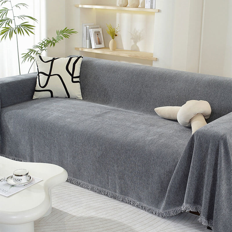 Herringbone Chenille Sofa Cover Blanket with Fringe