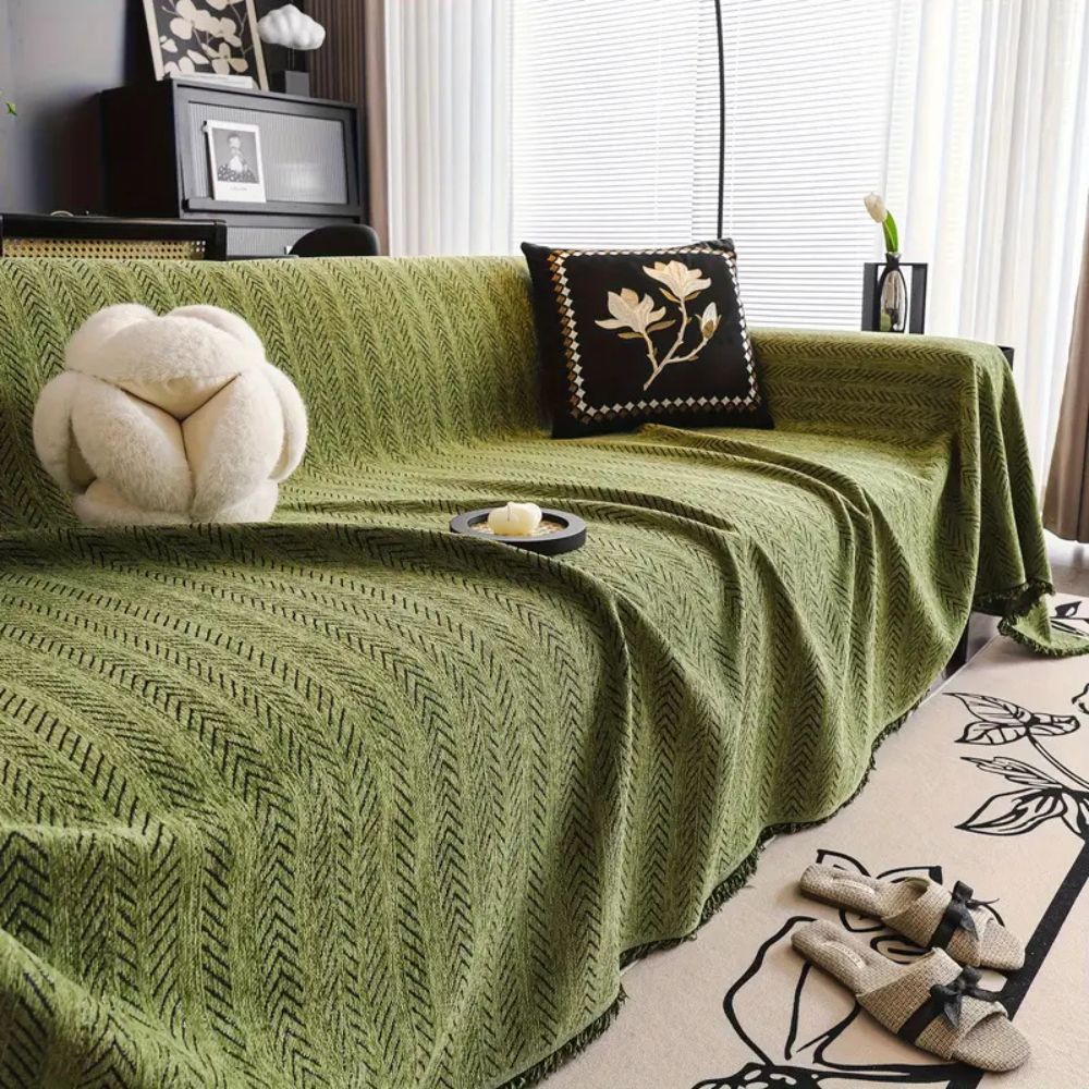 Herringbone Chenille Sofa Cover with Tassels