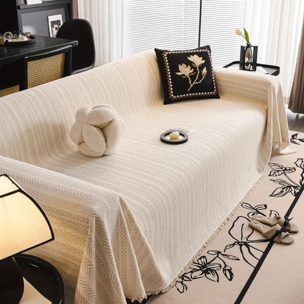 Herringbone Chenille Sofa Cover with Tassels