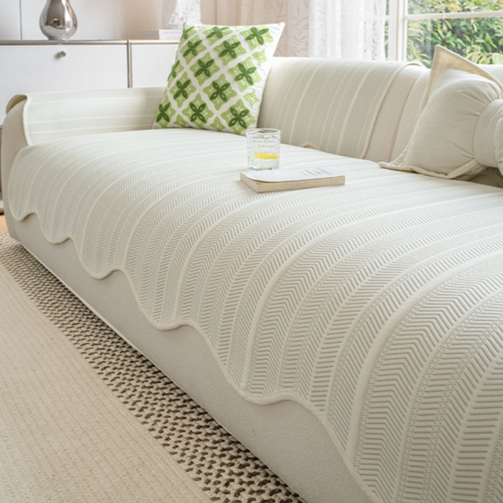 Herringbone Pattern Sofa Cover with Scalloped Edge