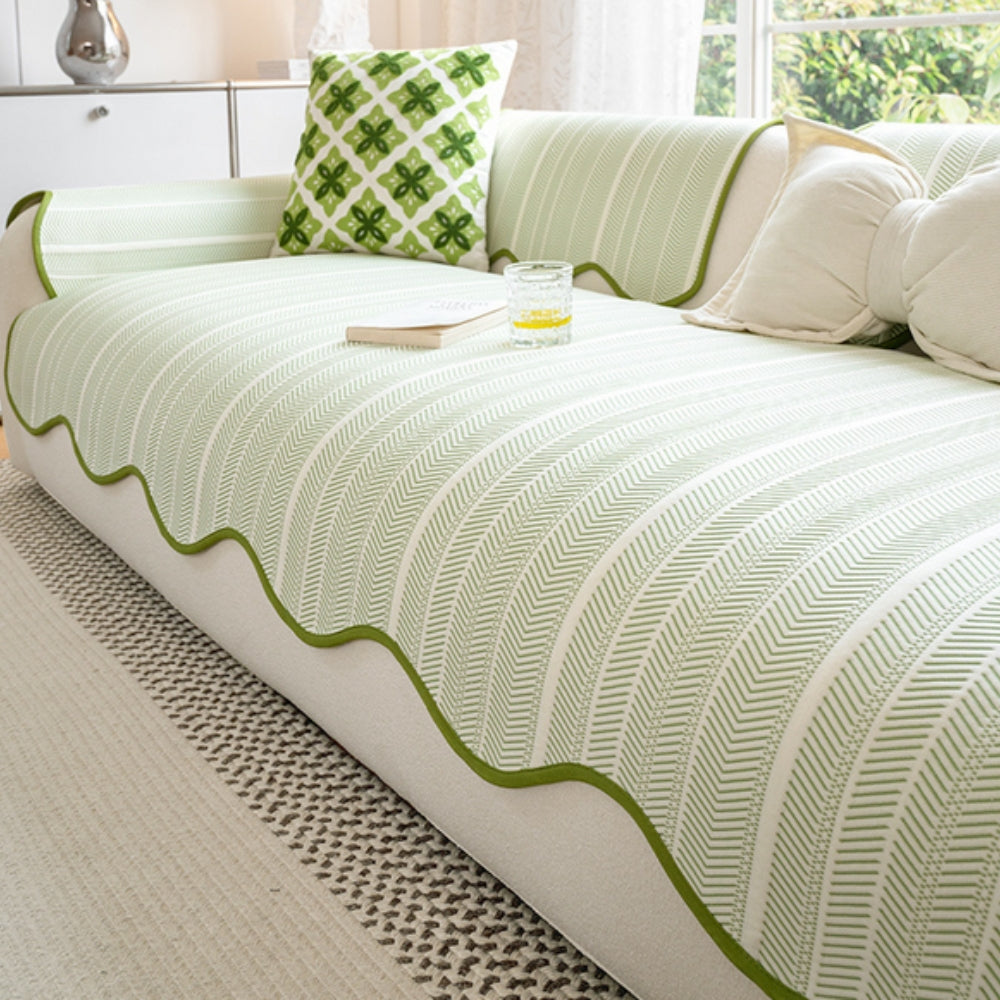 Herringbone Pattern Sofa Cover with Scalloped Edge