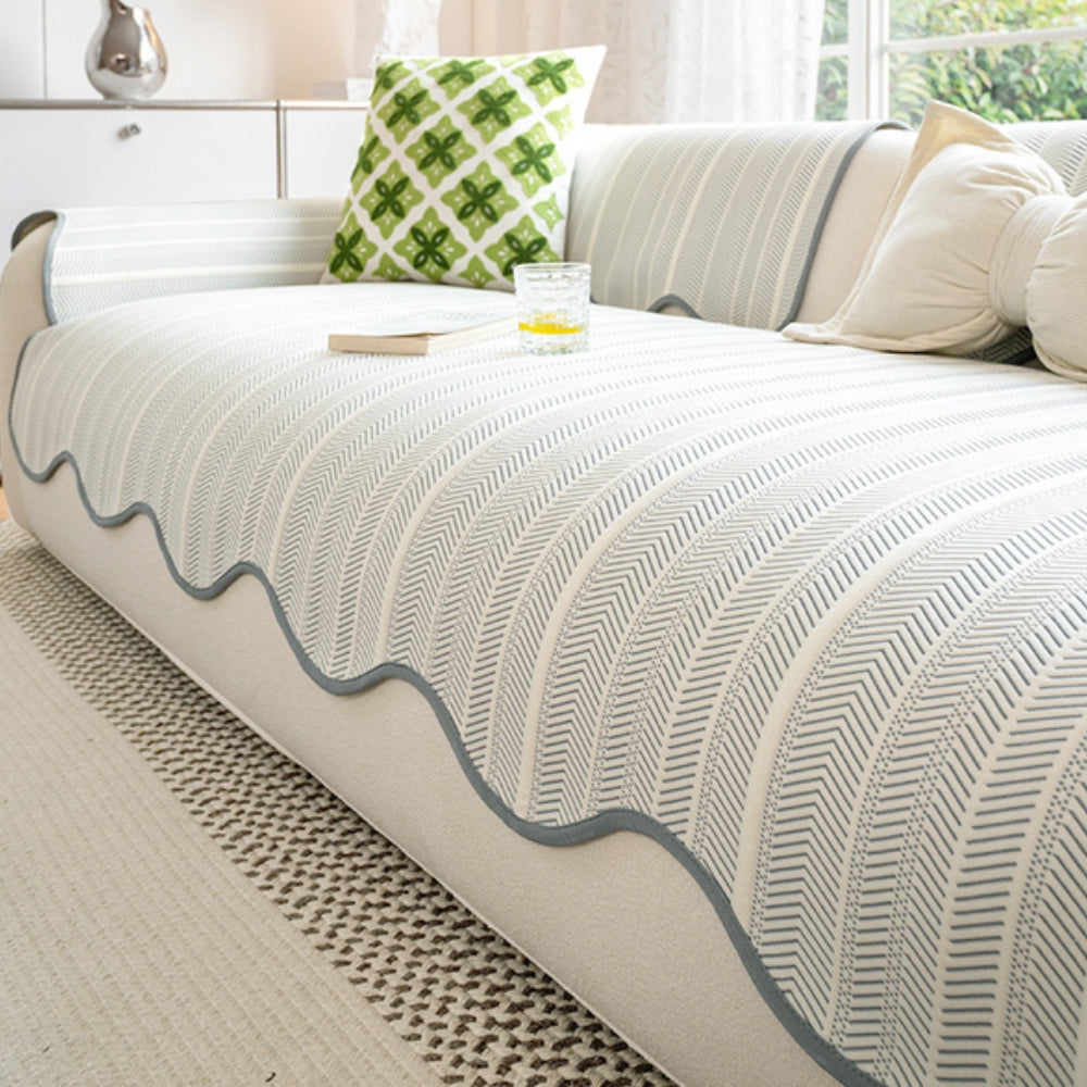 Herringbone Pattern Sofa Cover with Scalloped Edge