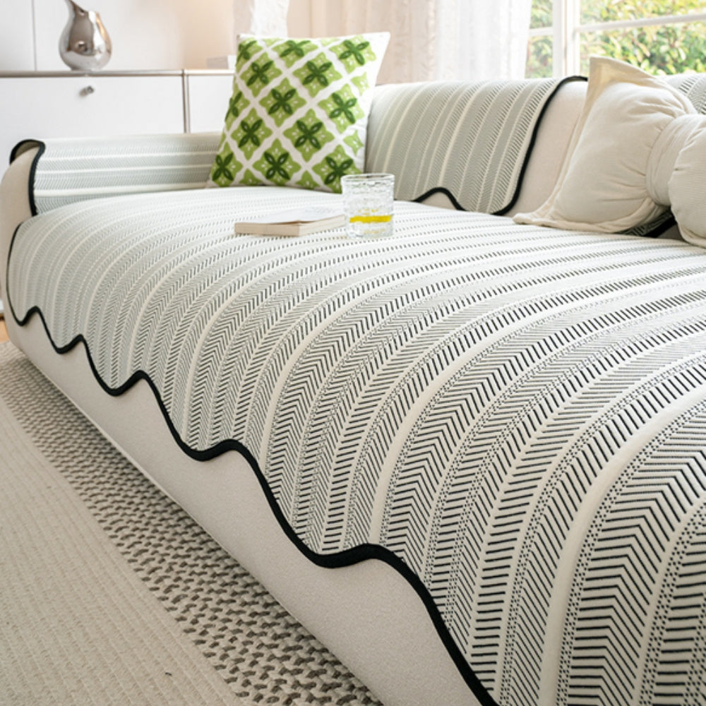 Herringbone Pattern Sofa Cover with Scalloped Edge