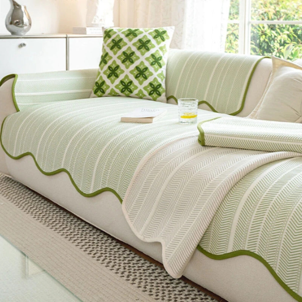 Herringbone Pattern Sofa Cover with Scalloped Edge