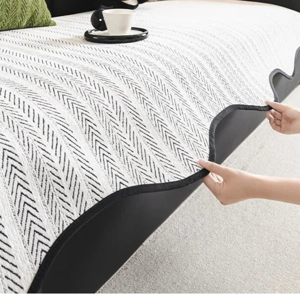 Herringbone Pattern Sofa Cover with Scalloped Edge