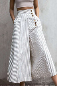 High-Waist Lightweight Cotton-Blend Striped Wide-Leg Trousers with Pockets