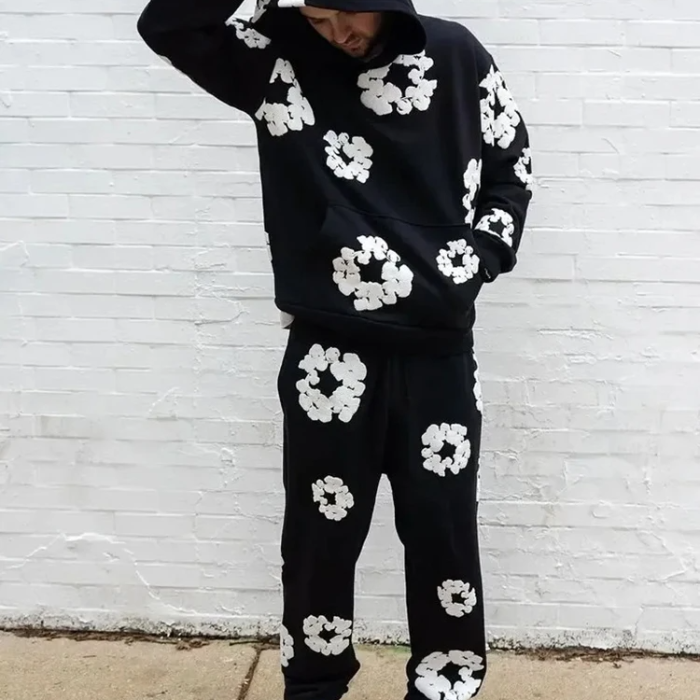Hoodie Set and Wide-Leg Floral Trousers