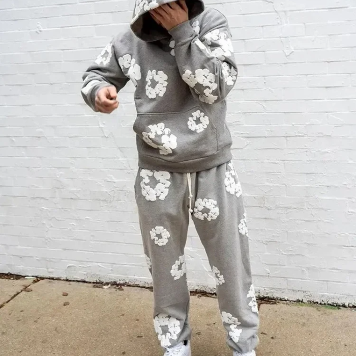 Hoodie Set and Wide-Leg Floral Trousers
