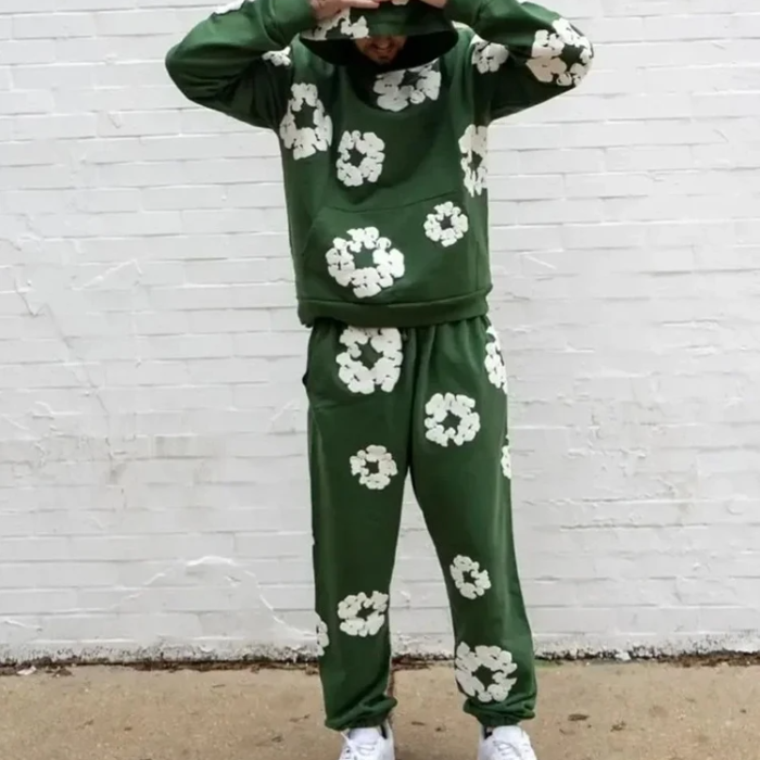 Hoodie Set and Wide-Leg Floral Trousers