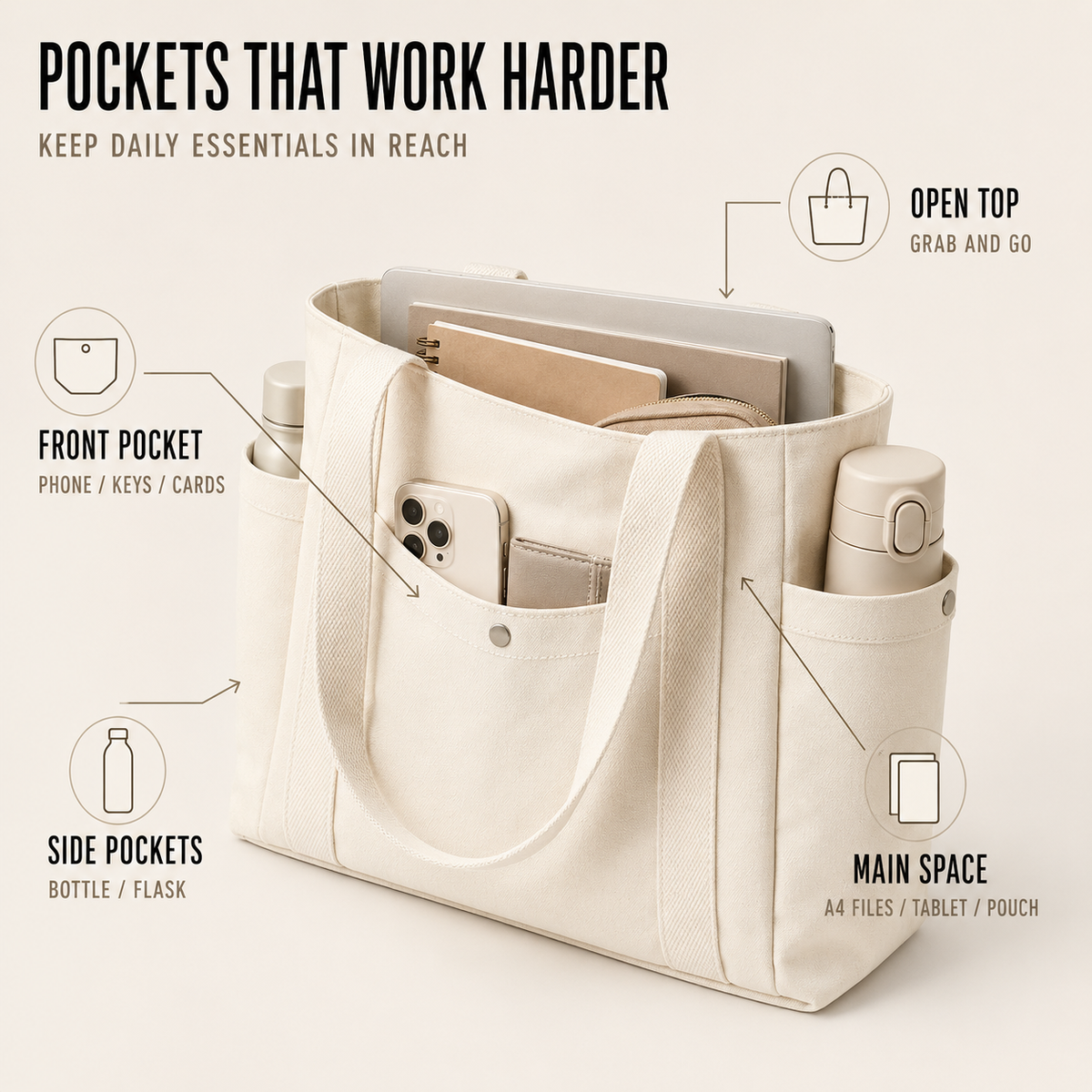 Large Capacity Structured Tote Bag