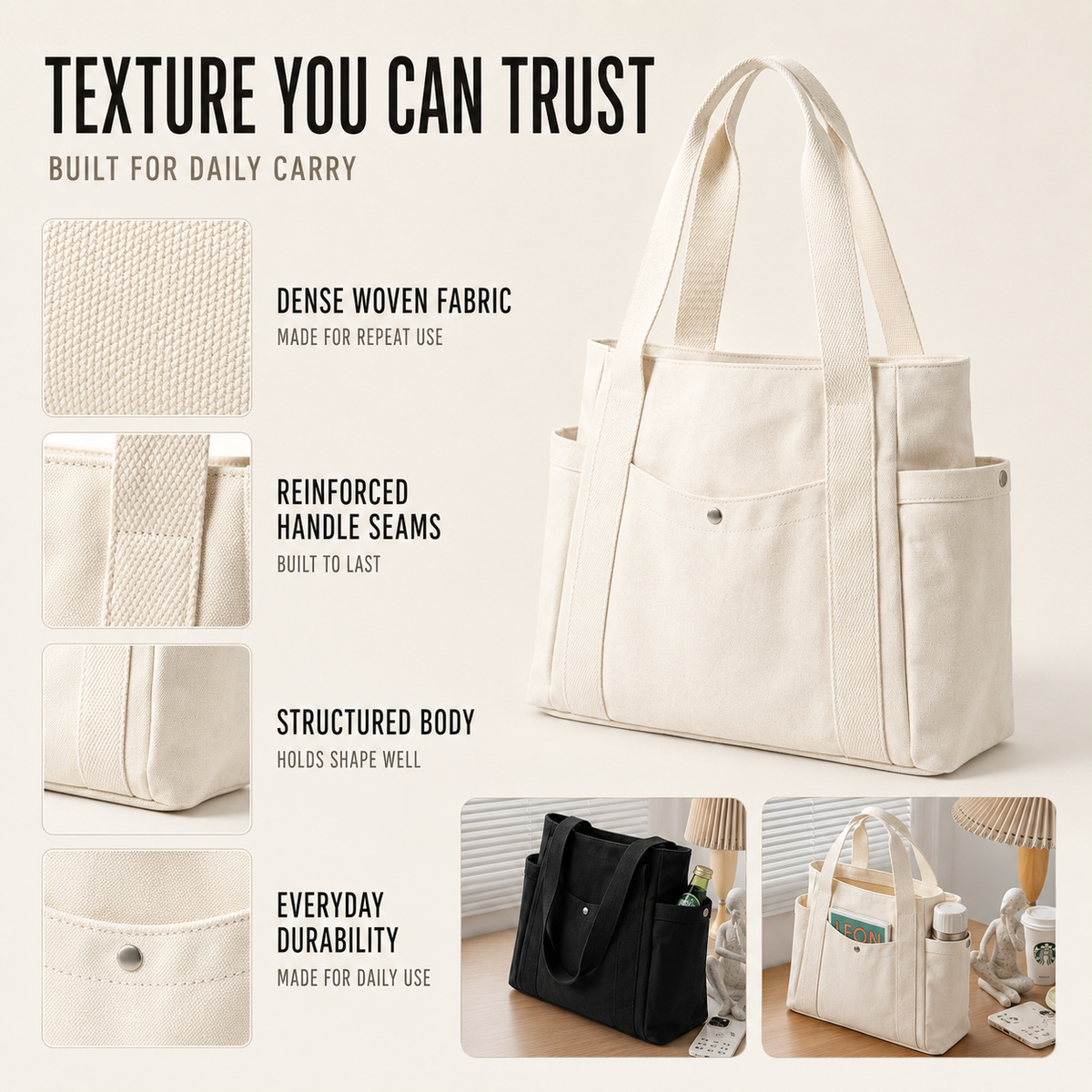 Large Capacity Structured Tote Bag