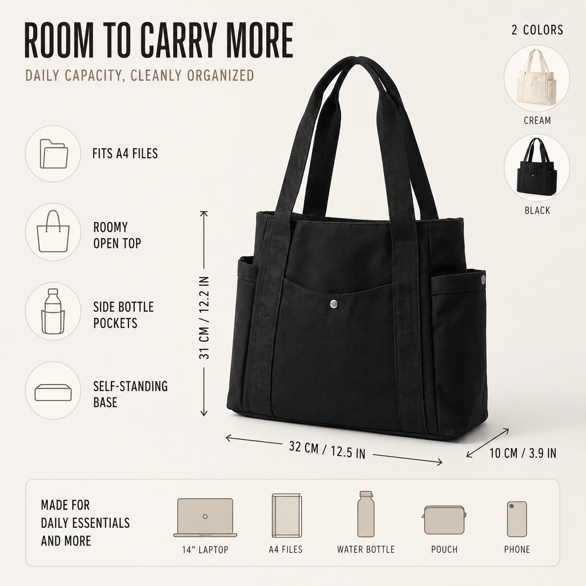 Large Capacity Structured Tote Bag