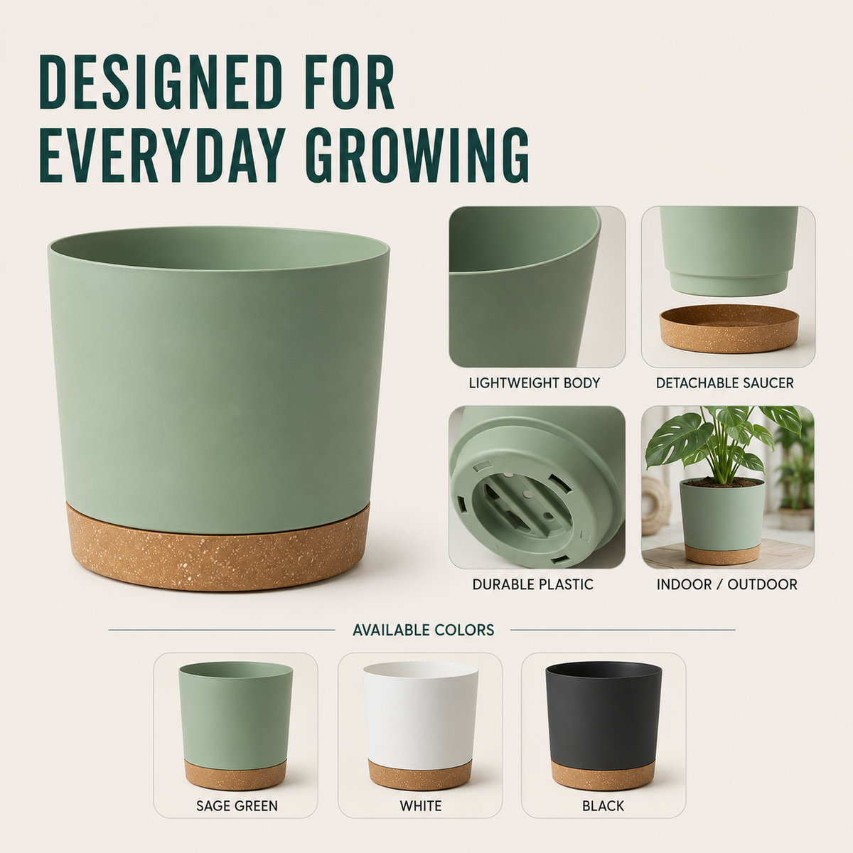 Large Lightweight Plant Pot with Drainage Holes