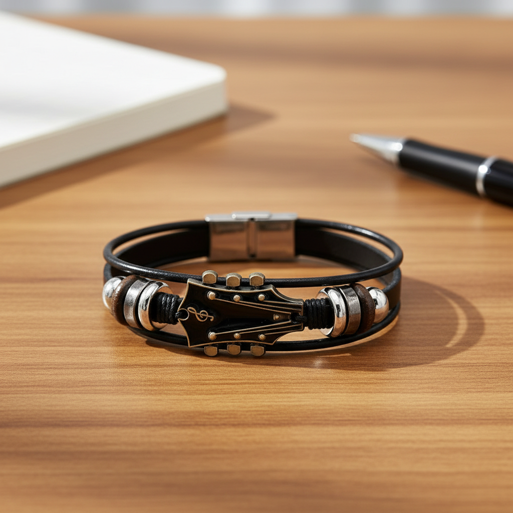 Leather Bracelet with Guitar-Inspired Design