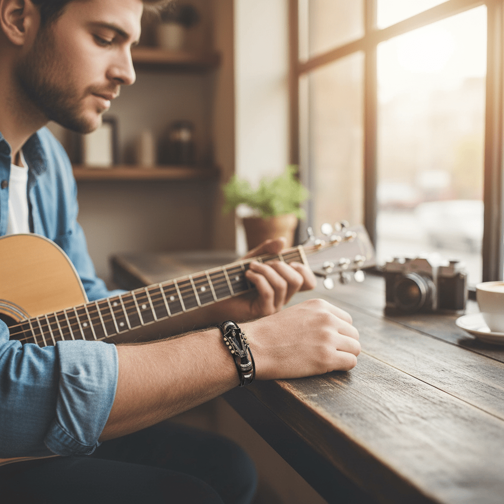 Leather Bracelet with Guitar-Inspired Design